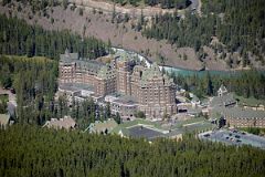 08 Banff Springs Hotel From Banff Gondola With Bow Falls and Surprise Corner Behind In Summer